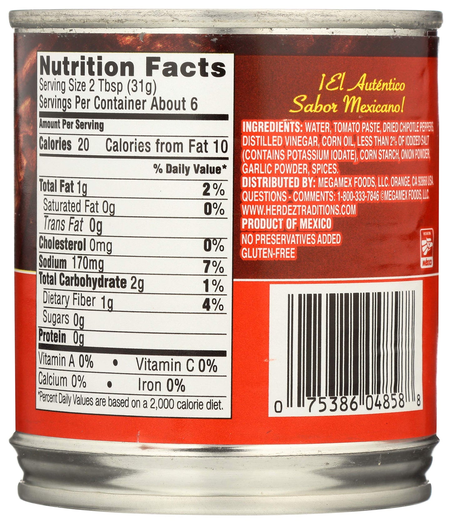 Embasa Chipotle Peppers in Adobo Sauce, 7 Oz, Pack of 1, Model 00014112