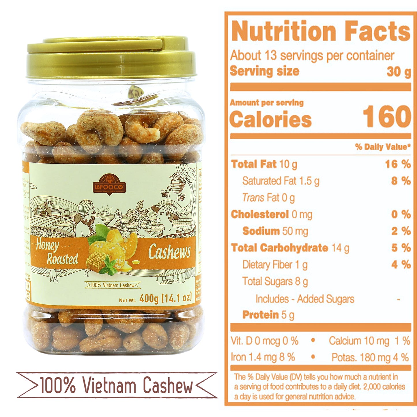 Lafooco Honey Roasted Cashews, Sweet Tasty Gourmet, Vietnam Cashew, Rich In Nutrients, Gift For Family, Friend On Celebration, Holiday, Birthday (14.1 Oz)