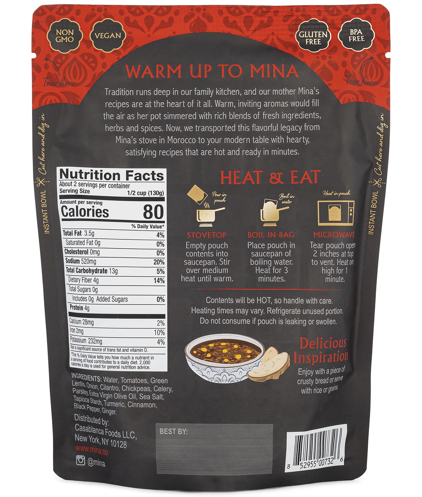 Mina Harira, Moroccan Chickpea & Lentil Soup, Ready To Eat Meals,10 Oz Gluten Free Soup, High In Plant Based Protein, Microwavable Soup, Vegan, Non-Gmo, Packaged Meals & Side Dishes (Pack Of 6)