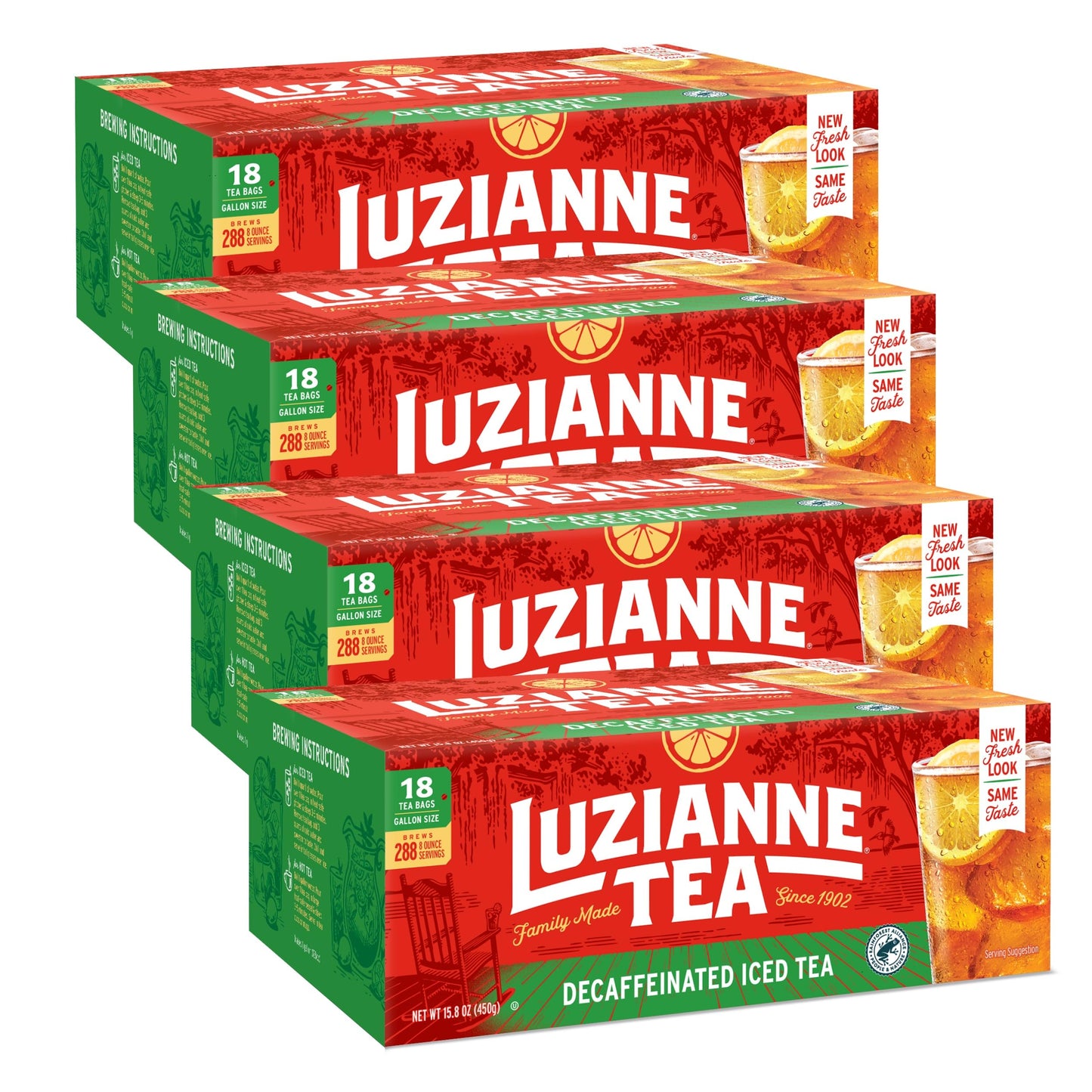 Luzianne Unsweetened Decaffeinated Iced Tea Bags, Gallon Size, 18Ct Box, (Pack Of 4)