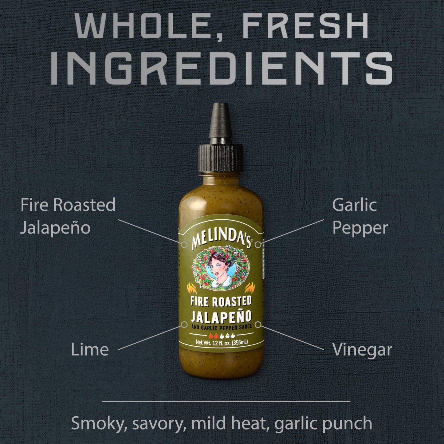 Melindas Fire Roasted Jalapeo Hot Sauce with Aromatic Garlic - Gourmet Green Pepper Sauce Perfect for Grilled Meats & Veggies  Tacos  Eggs & More - Mild Heat - Keto  Vegan  Non-GMO - 12oz