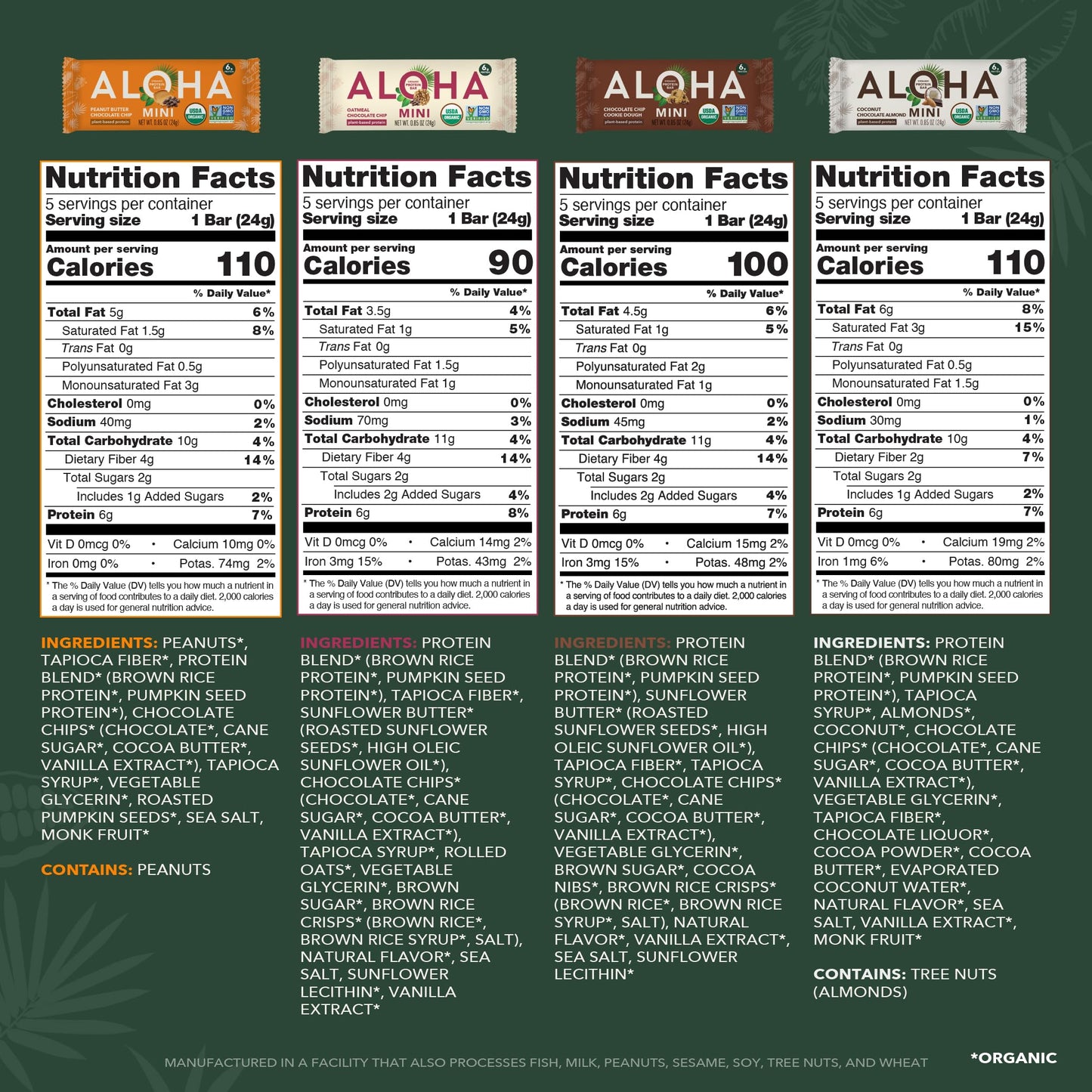ALOHA Organic Plant Based Protein Bar MINIS | Variety Pack | 20 Count, 24g Bars | Vegan, Low Sugar, Gluten Free, Low Carb, Non-G