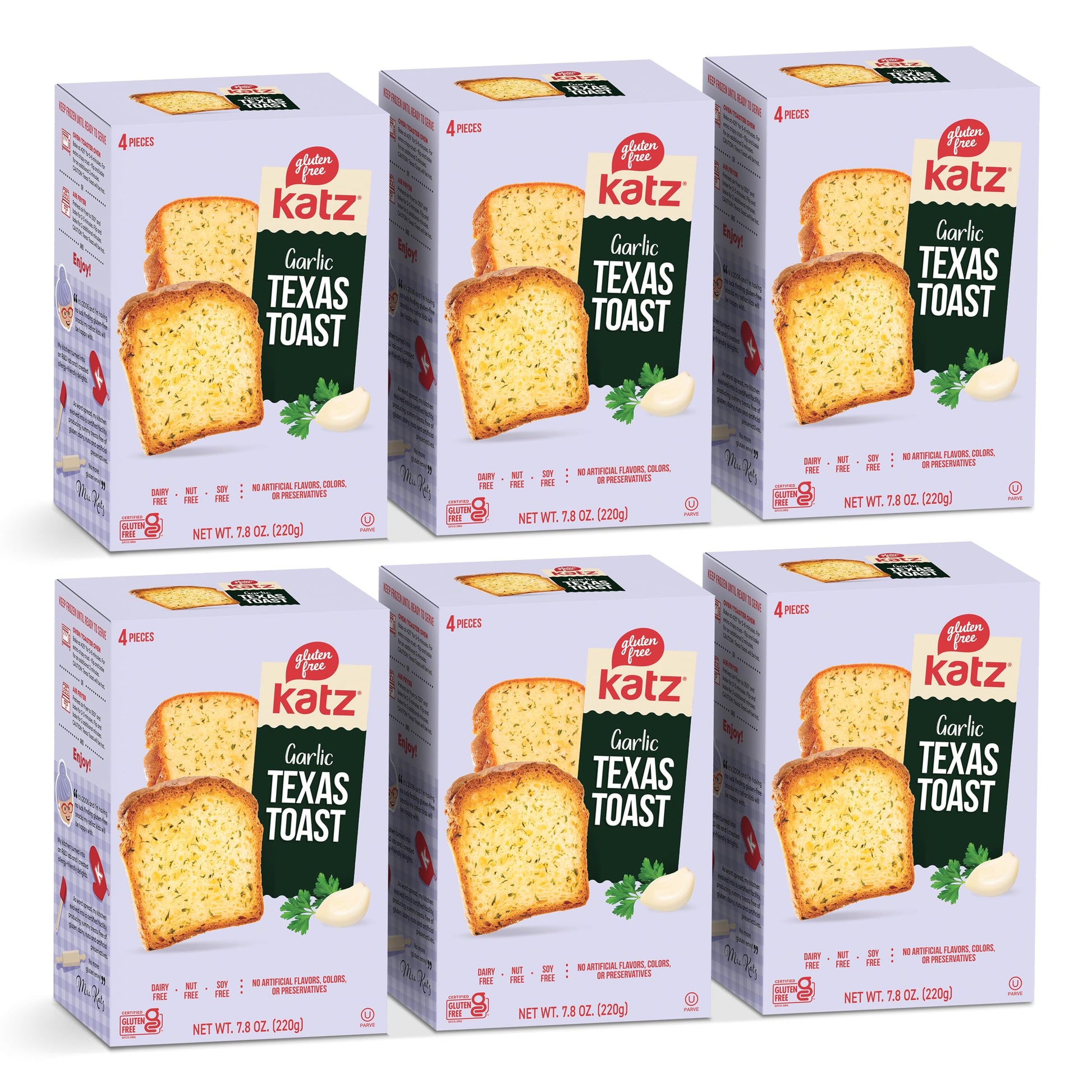 Katz Gluten Free Texas Toast, Fluffy Garlic Bread. Free of Dairy, Tree Nut, Peanut, and Soy. Kosher. 7.8oz (6pk)