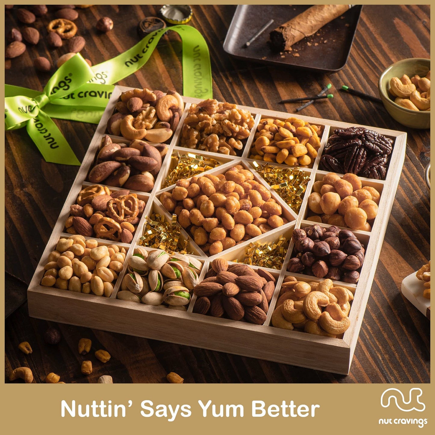Nut Cravings - Thanksgiving Mixed Nuts Gift Basket In Reusable Diamond Wooden Tray + Green Ribbon (13 Assortments) Holiday Xmas Christmas Food Arrangement Healthy Snack Care Package
