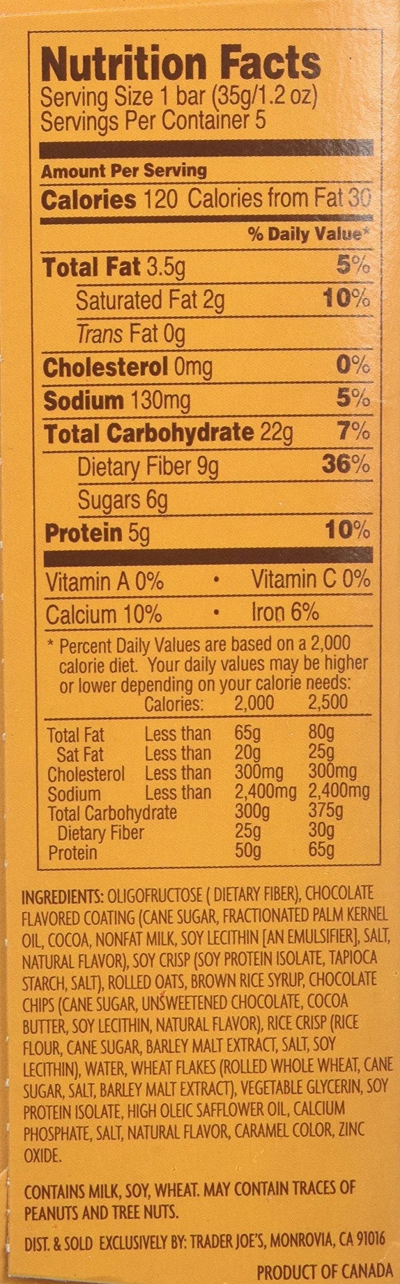 Trader Joe's Fiberful Granola Bars, Oats & Chocolate Chips, 5 Count Pack, 9g Fiber