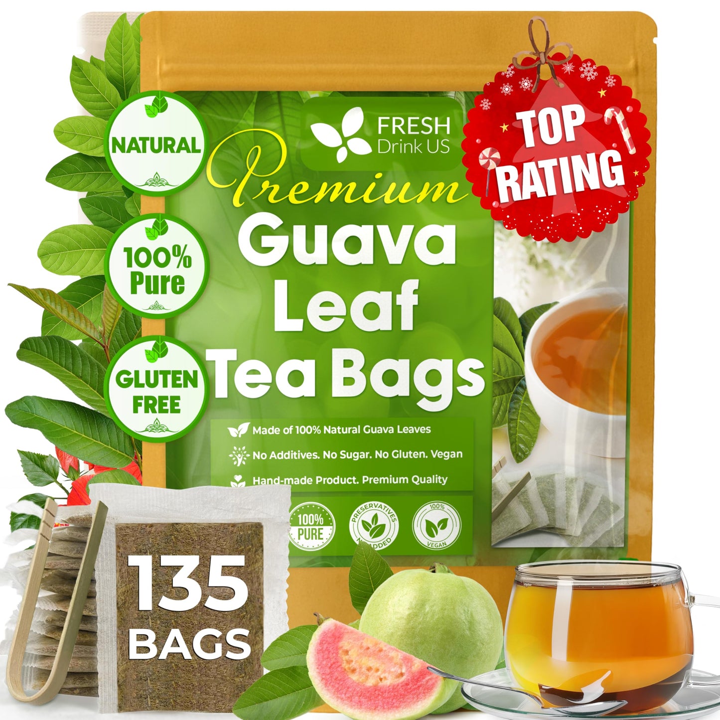 FreshDrinkUS  enhanced 135 Guava Leaf Tea Bags  Handmade  From Great Origin  100% Natural and Pure. Guava Tea  Loose Leaf Herbal Tea. No Sugar/Caffeine/Gluten  Vegan.
