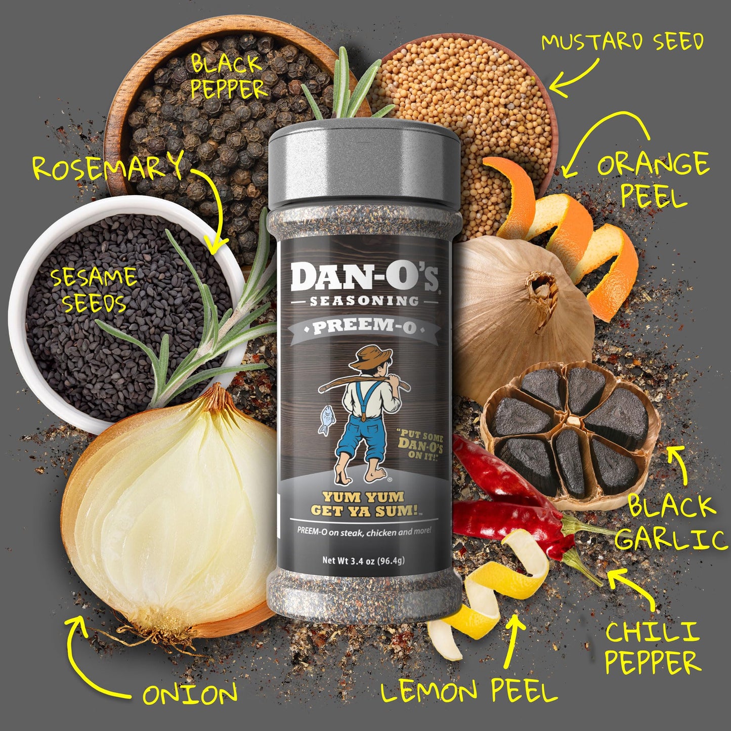 Dan-Os Preem-O Seasoning, Meat Seasoning for Steak, Ribs, Chicken, 3.4 oz, Sugar Free, Zero Calorie