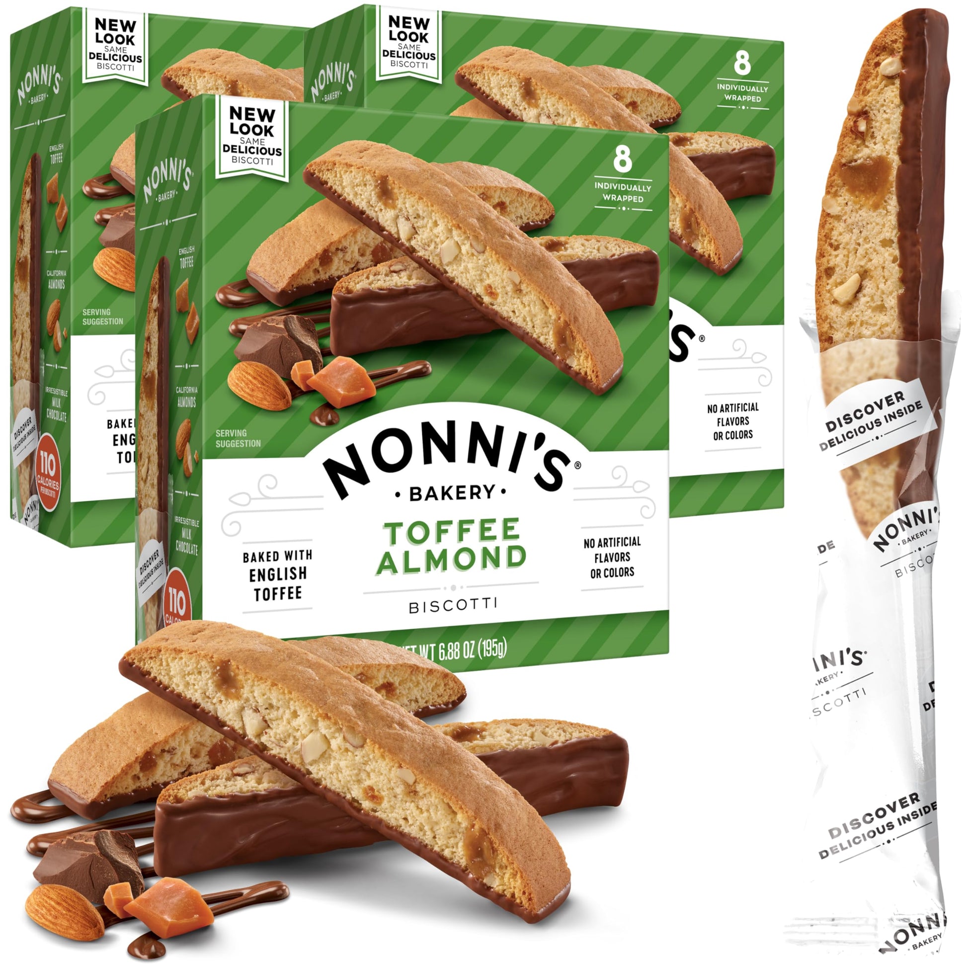 Nonni'S Toffee Almond Biscotti Italian Cookies - 3 Boxes Biscotti Cookies W/English Toffee Bits - Biscotti Individually Wrapped