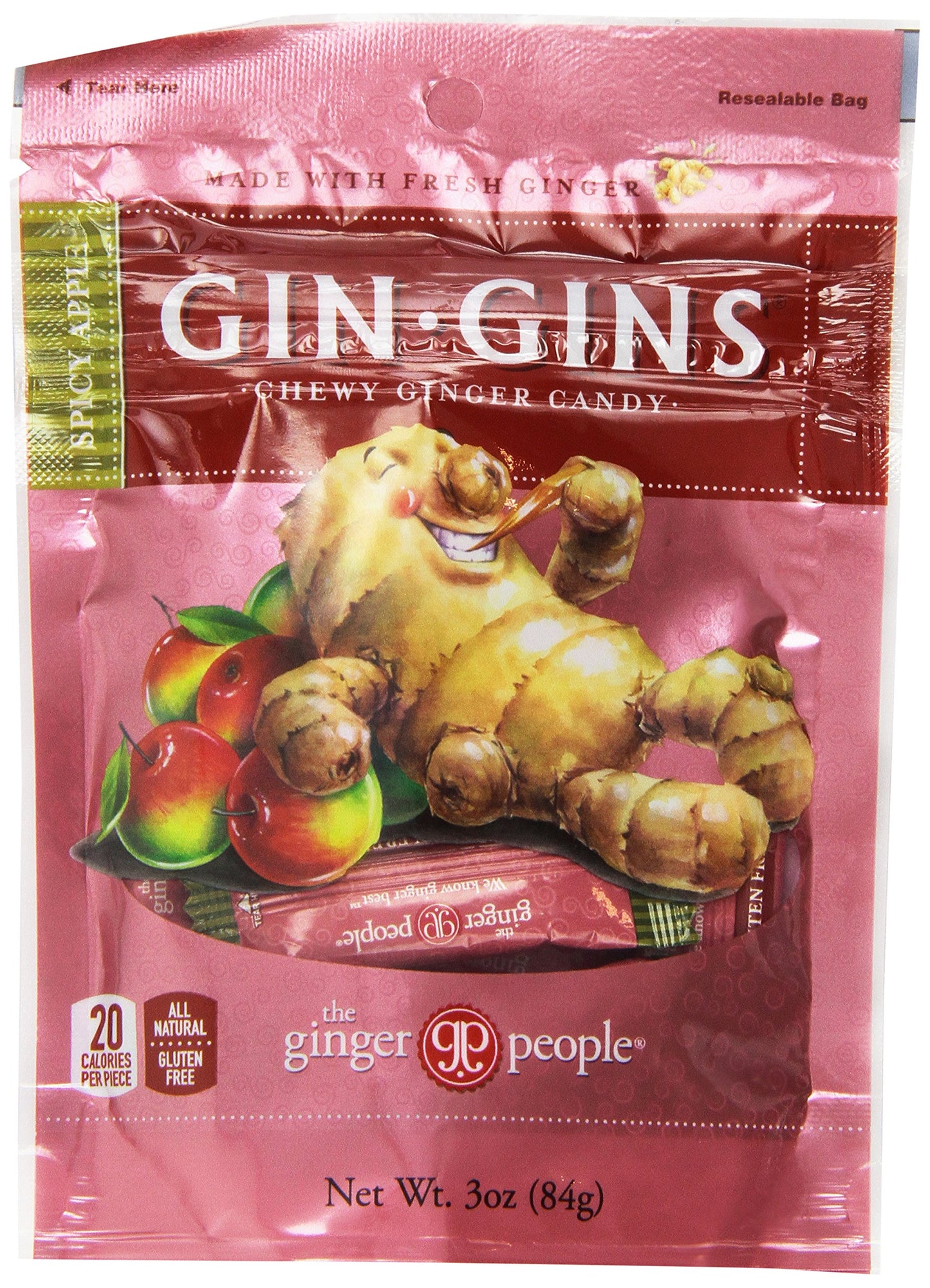The Ginger People GIN GINS Apple Chewy Ginger Candy - Spicy Apple Flavor, 3 oz Bags, Pack of 3