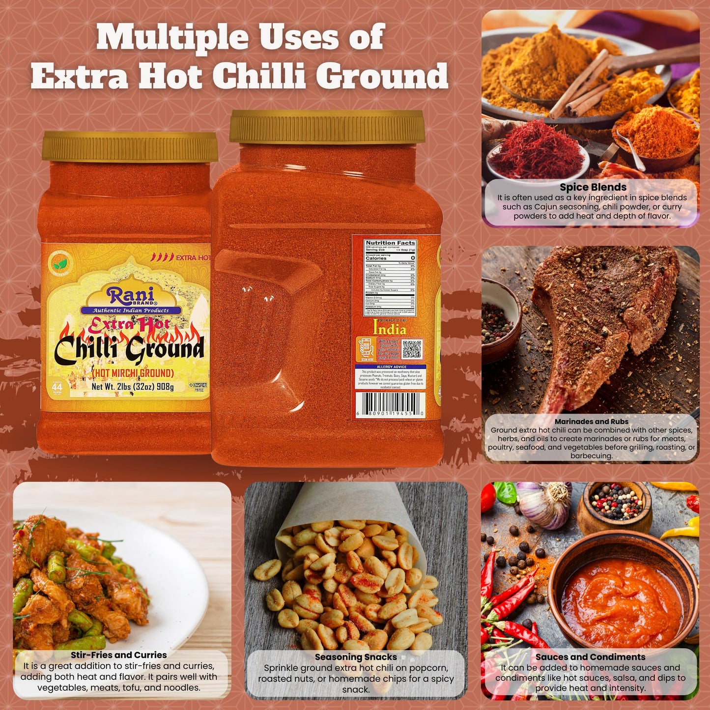 Rani Extra Hot Chilli Powder Indian Spice 32Oz (2Lbs) 908G Pet Jar ~ All Natural | No Color Added | Gluten Friendly | Vegan | No