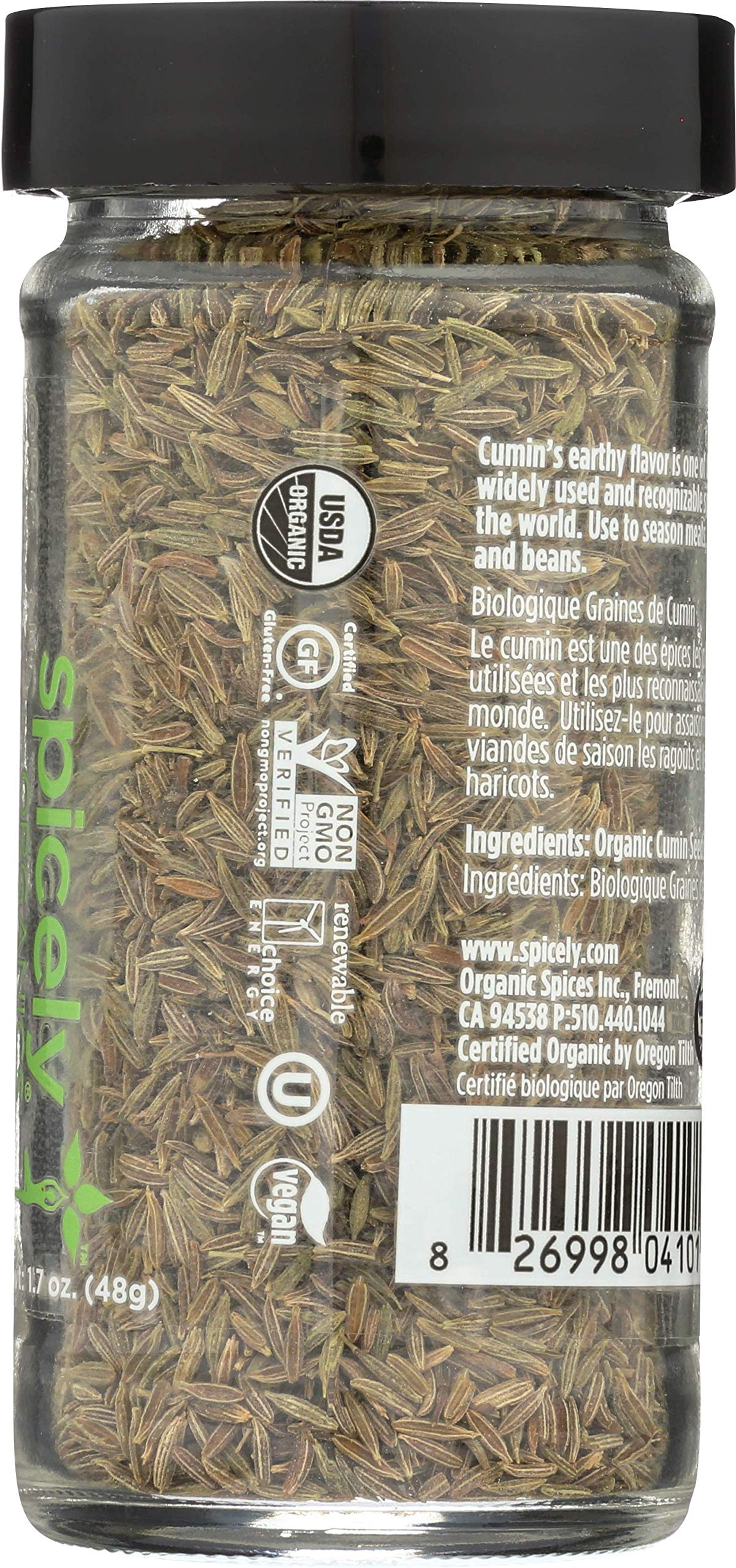 Spicely Organic Cumin Seeds Whole 1.70 Ounce Jar Certified Gluten Free