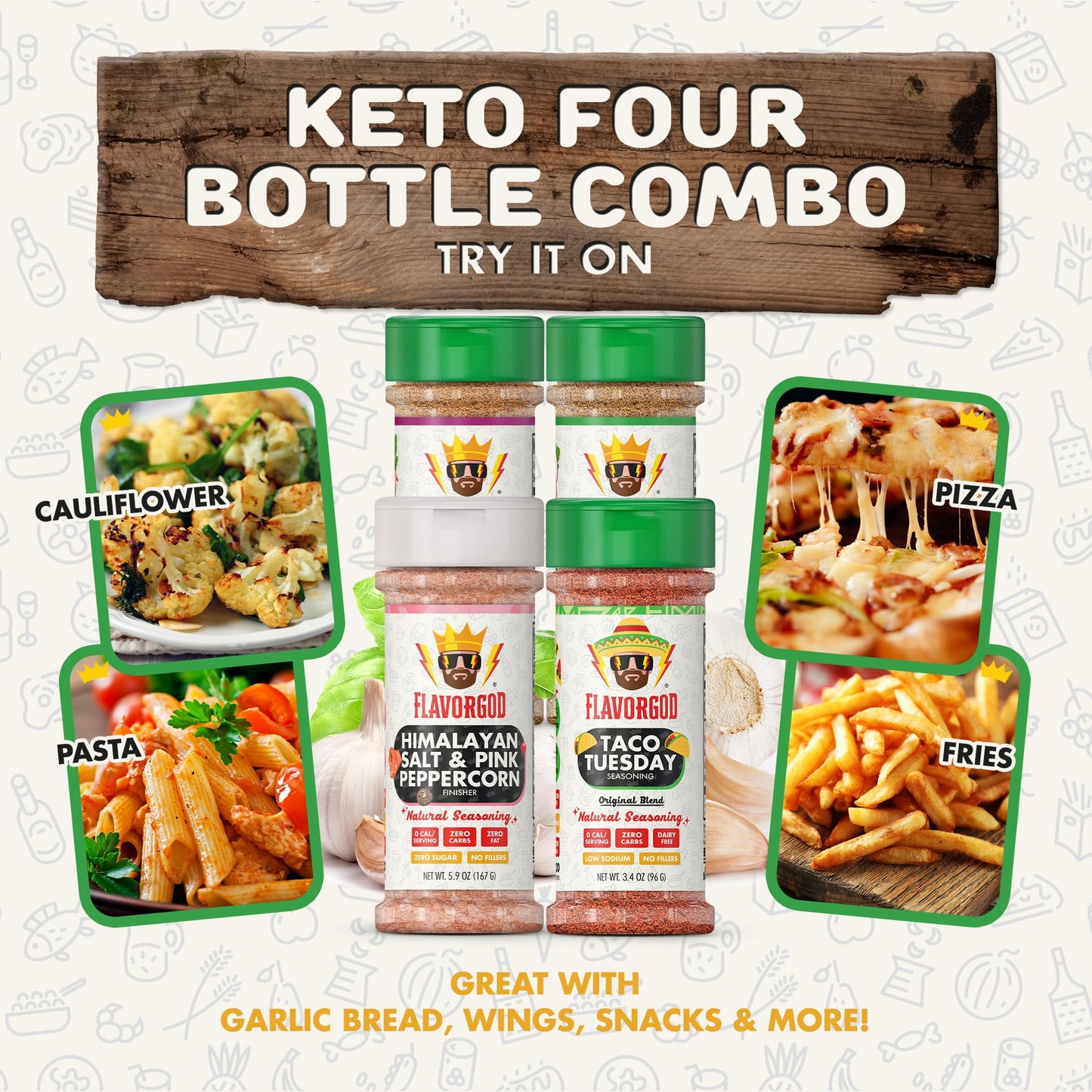 Flavor God Keto Combo Herb & Spice Gift Pack, 4 Natural Seasonings for Chicken, Beef, Seafood, & Vegetables, Model 1AFN-CP-KTO-4EVGLTTH