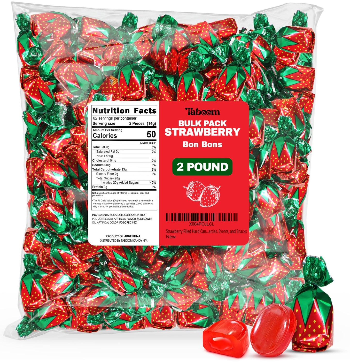 Strawberry Filled Hard Candy Bon Bons 2 lbs Bulk Pack - Individually Wrapped Fruit-Filled Candy  Classic Strawberry Hard Candy for Holiday   Parties  and Snacks