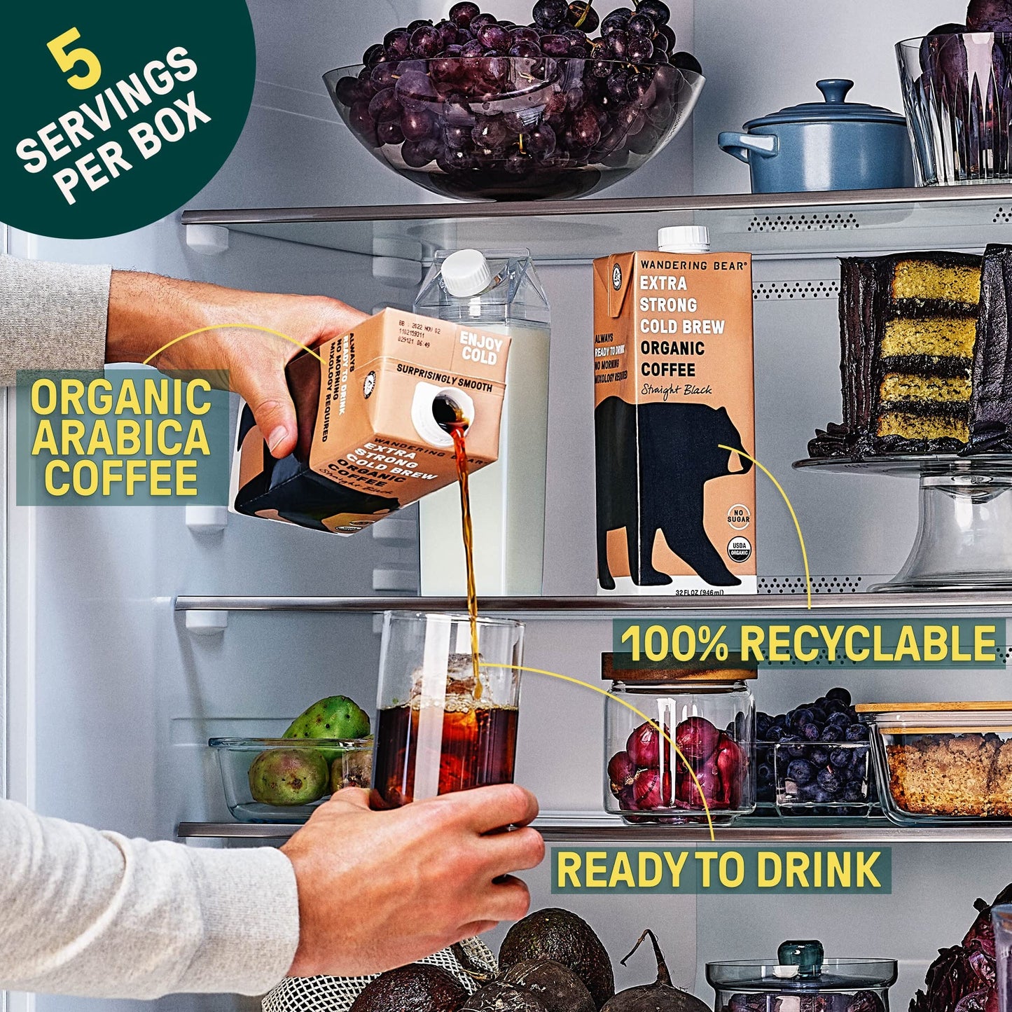 Wandering Bear Straight Black Organic Cold Brew Coffee, 32 Fl Oz, 3 Pack - Extra Strong, Smooth, Organic, Unsweetened, Shelf-Sta