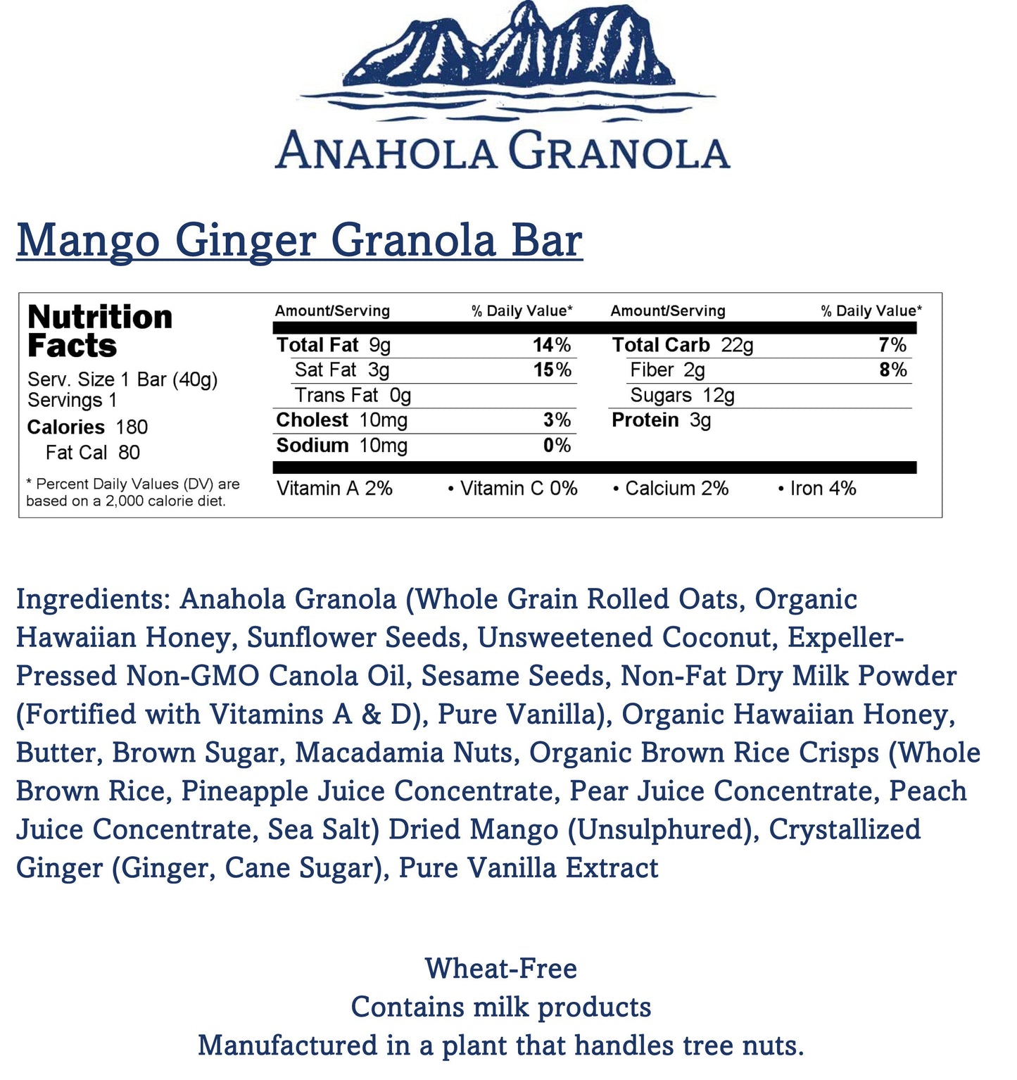 Anahola Granola Mango Ginger Bars - 8 Count - 1.4 Ounce Snack Bars