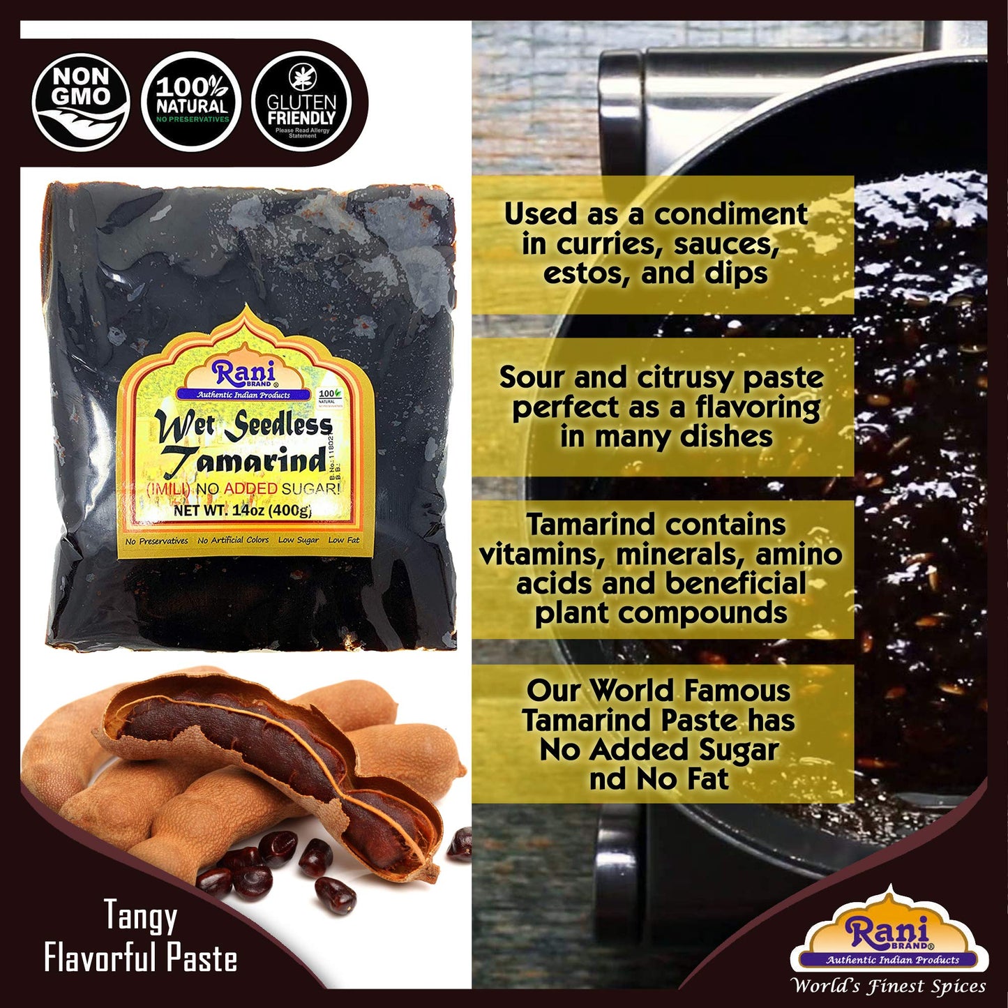 Rani Tamarind, Wet Seedless Block/Slab (Imli) 14oz (400g) ~ All Natural | No added sugar | Vegan | Gluten Free | NON-GMO | India