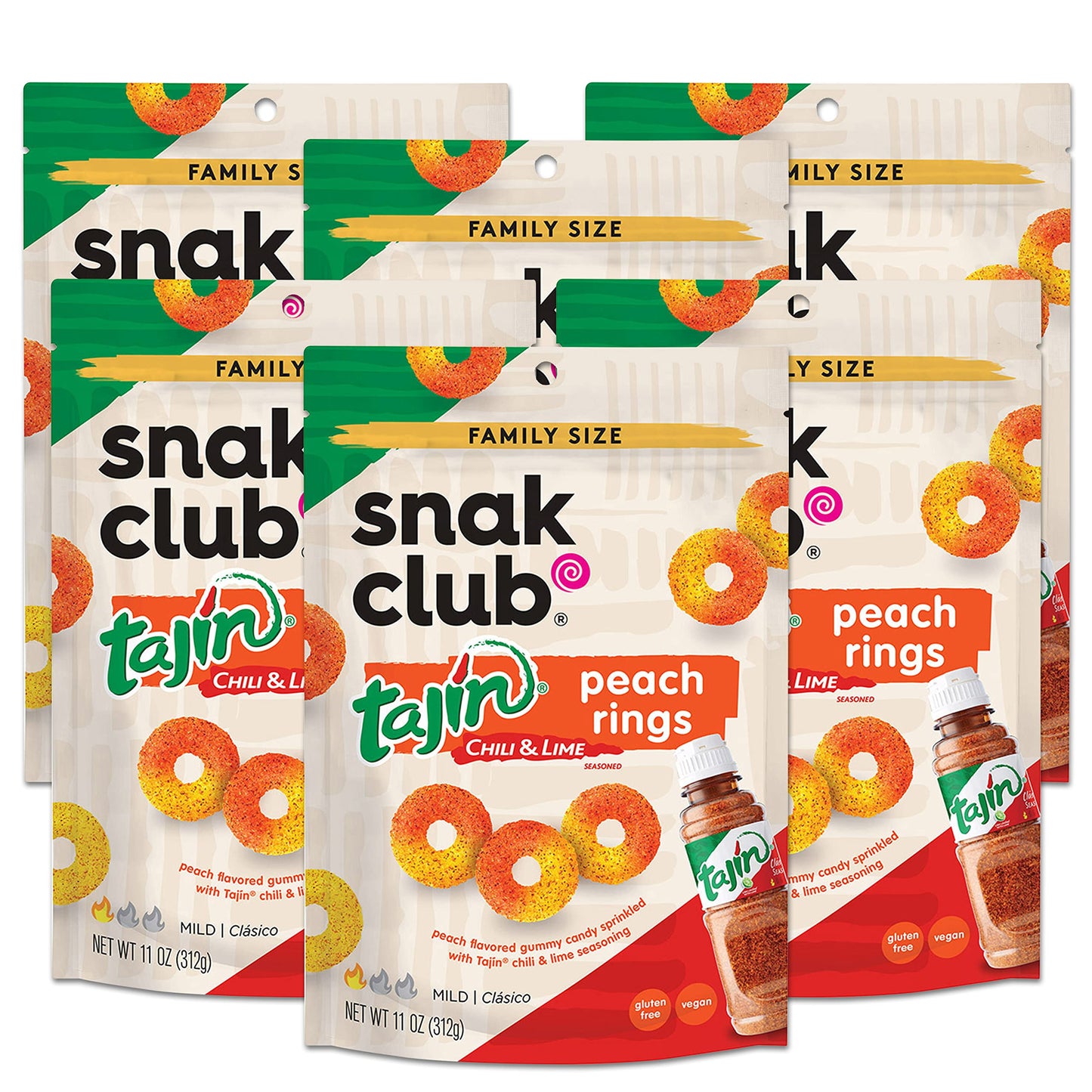 Snak Club Tajin Peach Rings, Sweet And Spicy Gummy Snacks, 11 Ounce (Pack Of 6)