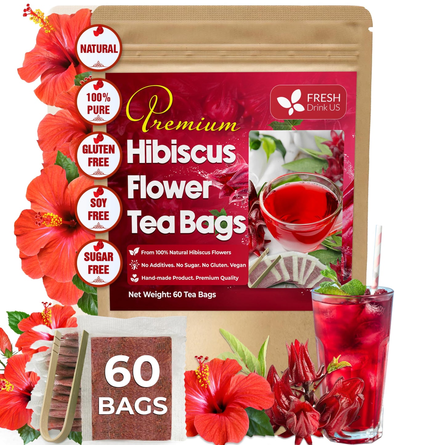 FRESHDRINKUS Premium Hibiscus Flower Tea Bags, 100% Natural, Caffeine-Free, 60 Tea Bags
