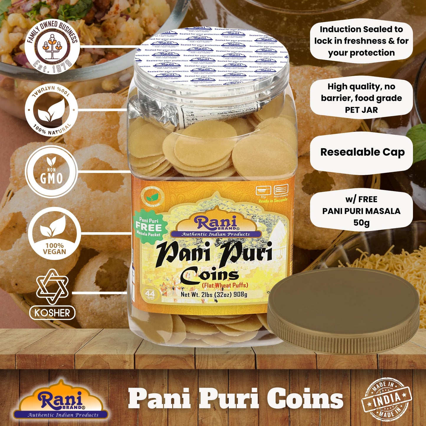 Rani Pani Puri Coins (Uncooked, Microwaveable Wheat Semolina Coins) 32oz (2lbs) 908g w/Pani Puri Masala (14-Spice Blend for Indi