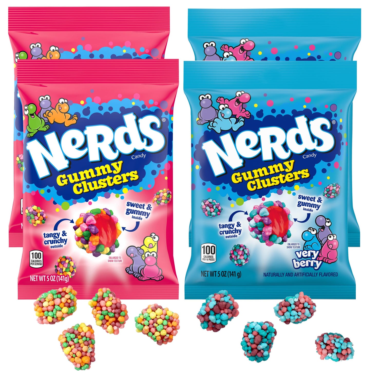 NERDS Gummy Clusters Combo Pack, Rainbow & Very Berry, 5 Ounce Pouches (Pack of 4), 20oz Candy