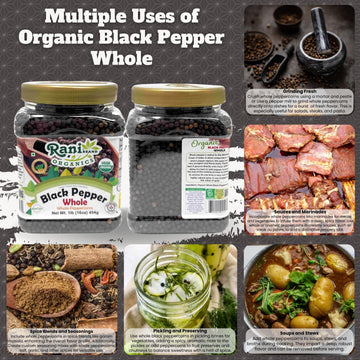 Rani Organic Black Pepper Whole, Premium MG-1 Grade, 16oz (1lb) PET Jar, Non-GMO, Gluten Friendly, USDA Certified Organic, Kosher