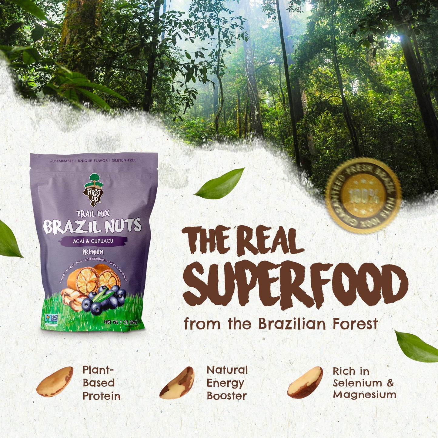Snack Açaí Trail Mix 7 Oz – The True Organic Brazil Nuts Roasted + Açaí Fruit Nibs + Cupuaçu Fruit Nibs – Nutrient-Rich And Practical Combo – Fresh, Vegan And Gluten Free – Forest Up