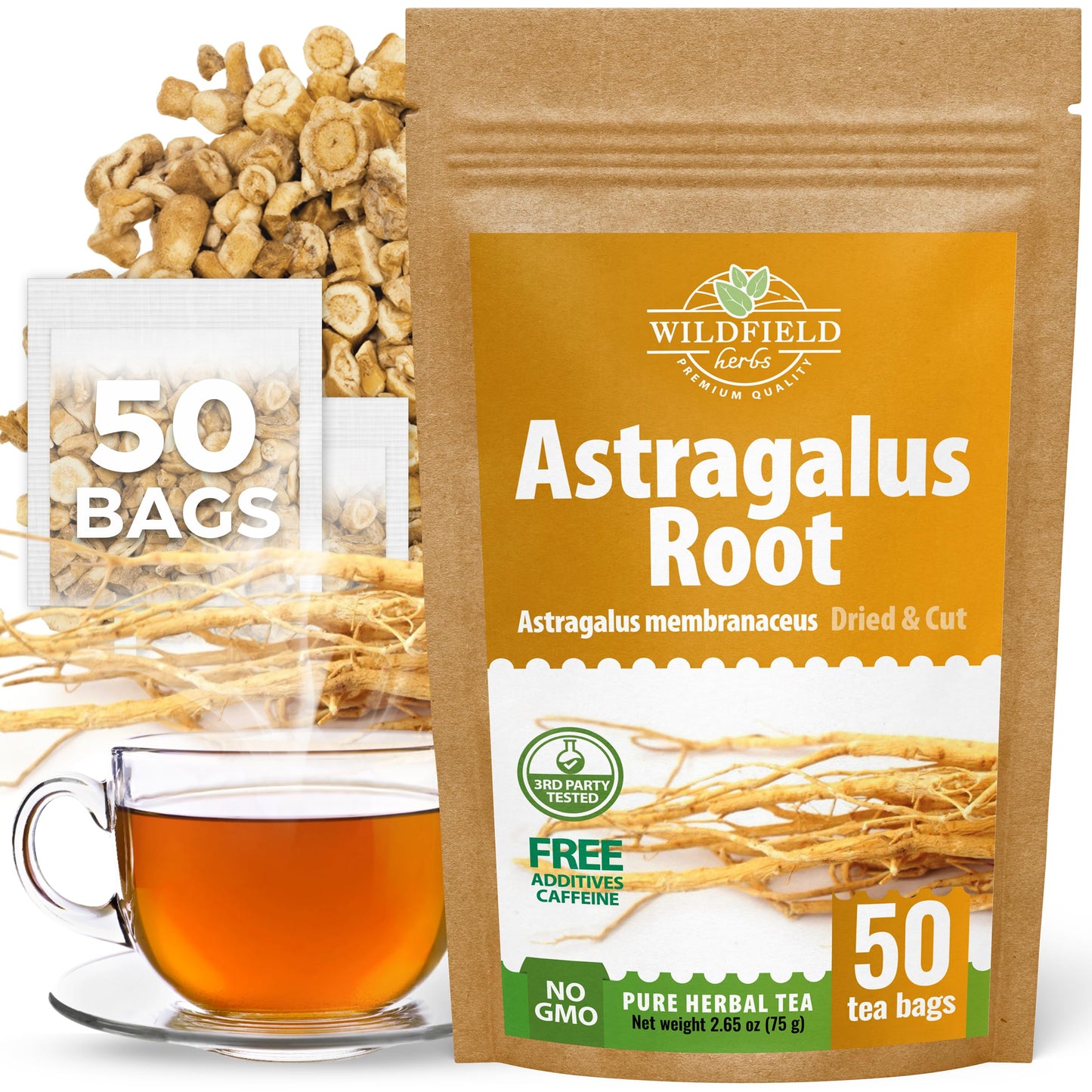 Wildfield Herbs 50 Bags Astragalus Root Herbal Tea - 50 Tea Bags 1.5G Astragalus Root Huang Qi
