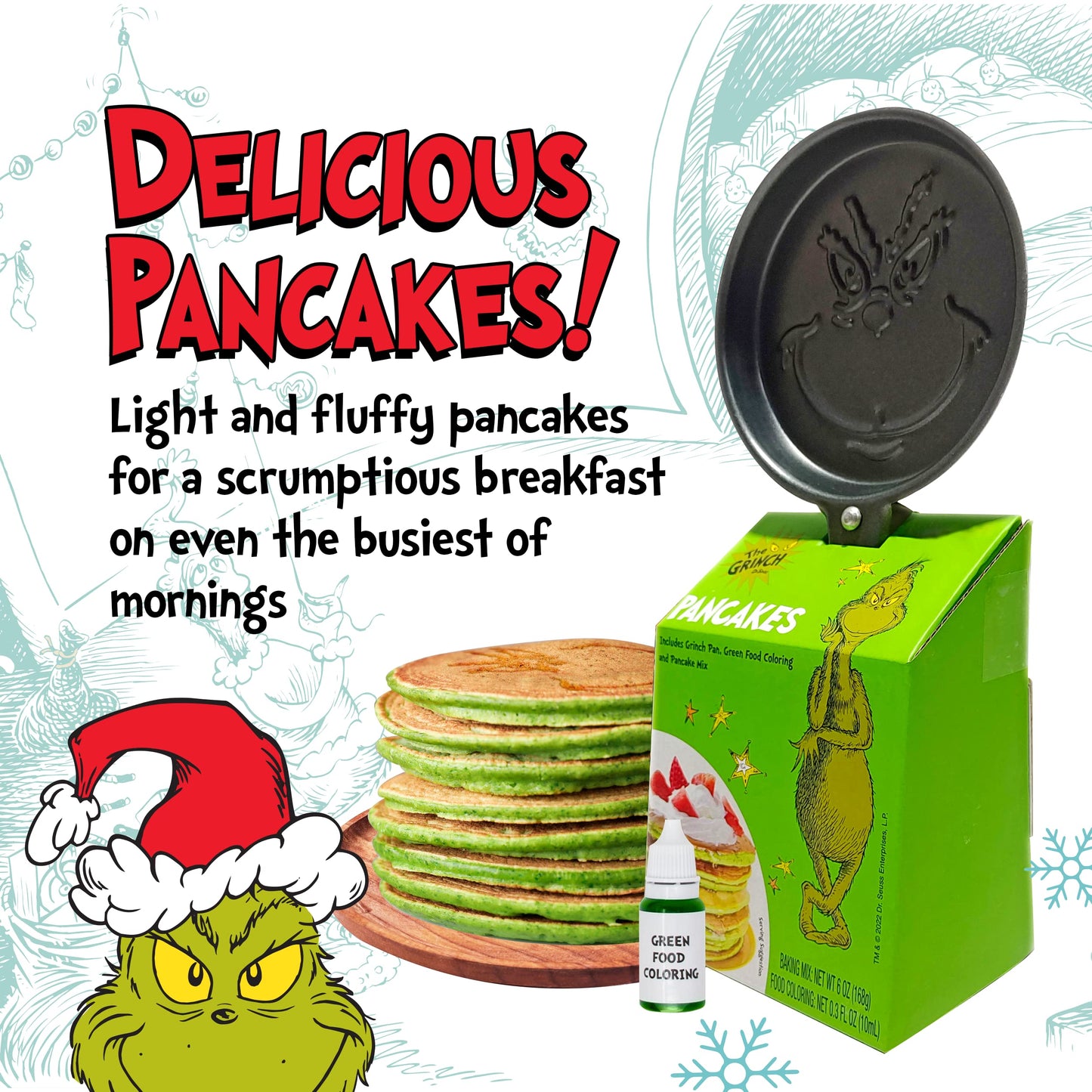 Ten Acre Gifts Dr Seuss The Grinch Pancake Mix and Pan Gift Set, Easy Instant Baking Mix with Round Frying Pan and Green Food Co