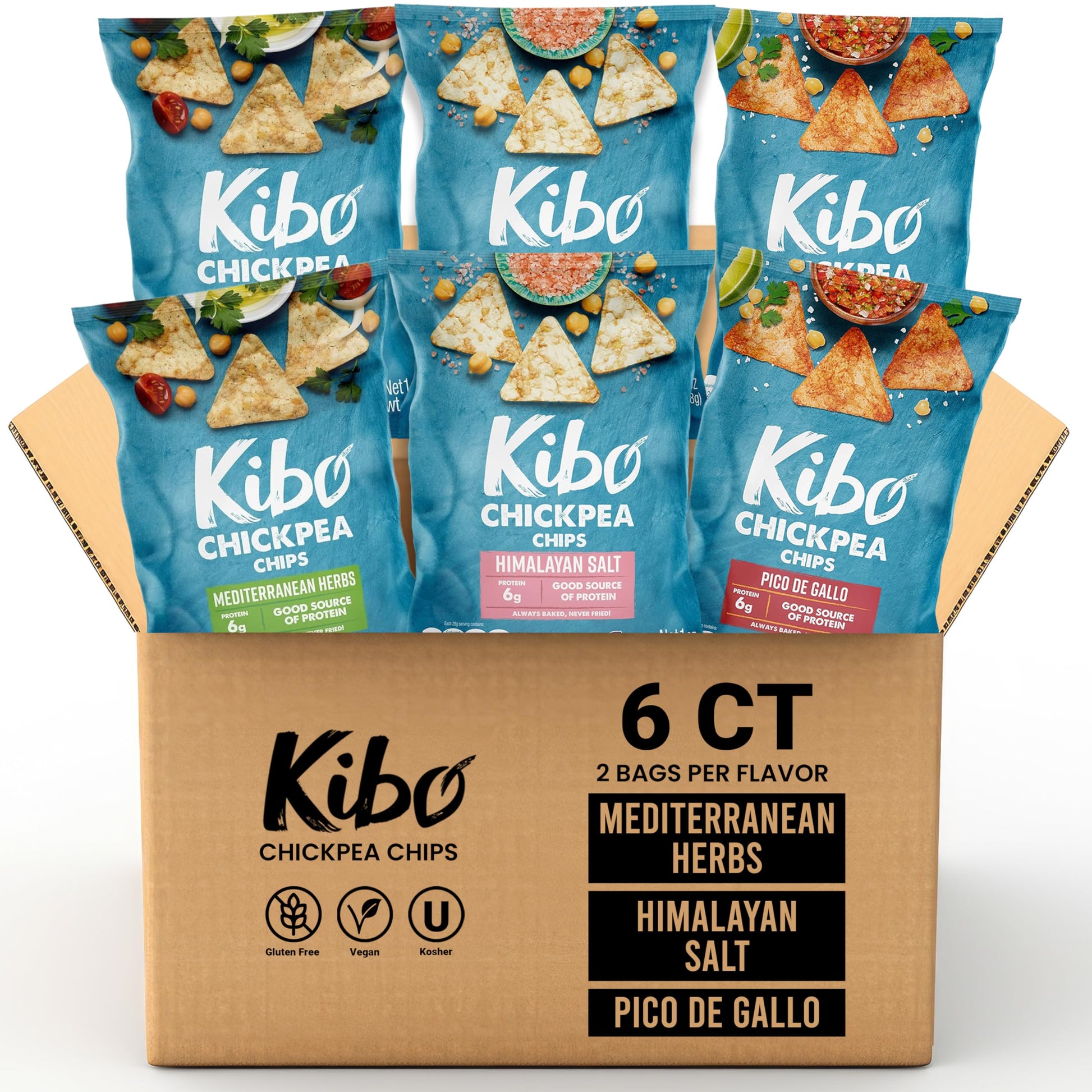 Kibo Chickpea Chips - High Protein/Fiber, Plant-Based, Cert. Gluten Free, Non-Gmo, Vegan, Kosher, 3 Flavor Variety Pack, 1Oz 6 P