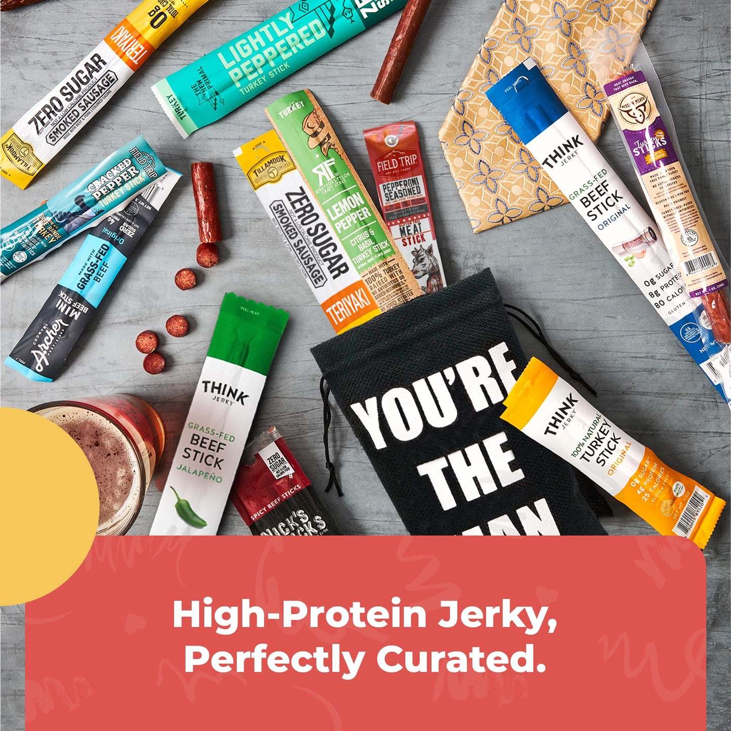 Jerky Sticks Gift For Men - Curated Assortment Of High Protein Snacks - Alternative To Beef Jerky Gift Basket - Beef & Turkey Je
