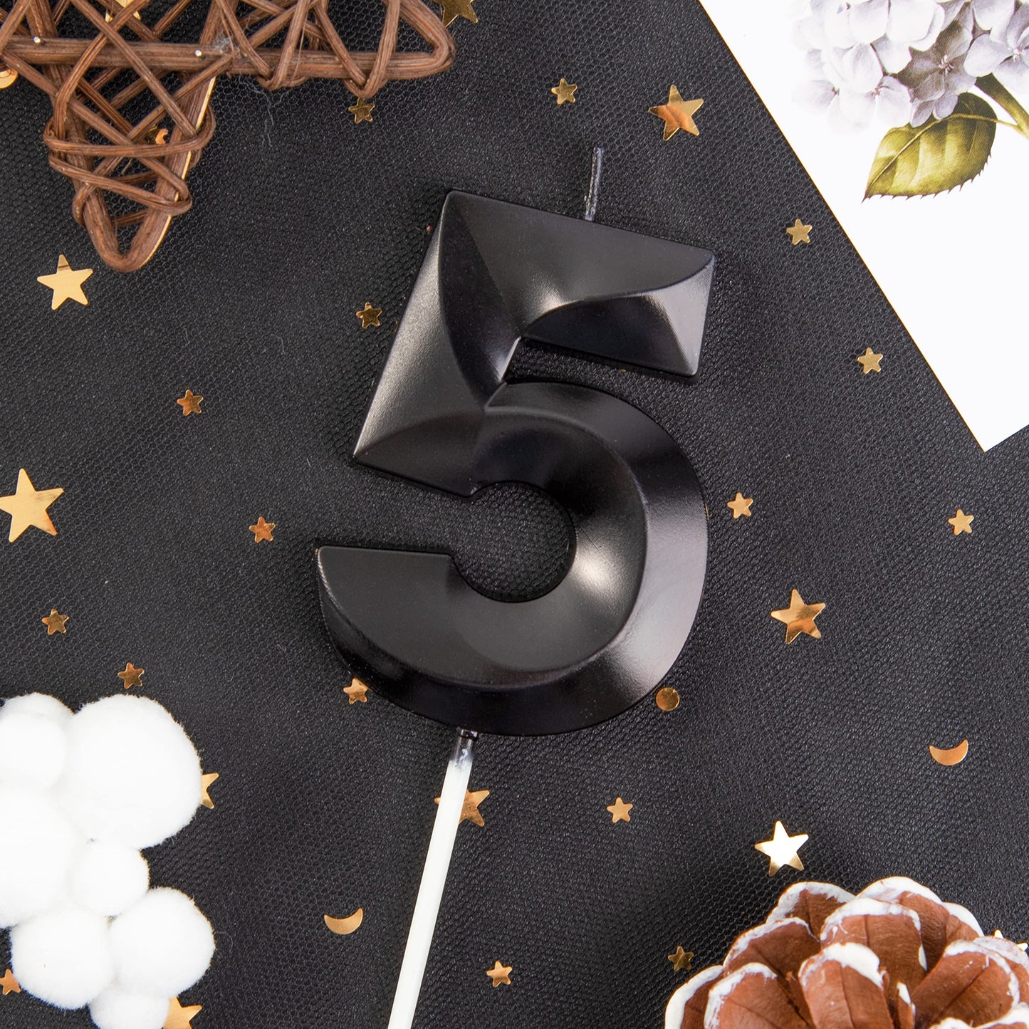 PHD CAKE Black Number Birthday Candles, 2.76 Inch, Wax, Set of 5