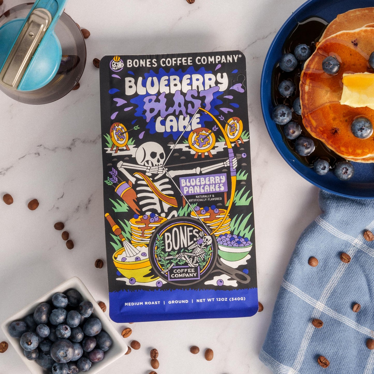 Bones Coffee Company Blueberry Blast Cake Whole Coffee Beans Blueberry Pancakes Flavor | 12 oz Flavored Coffee Gifts Low Acid Me