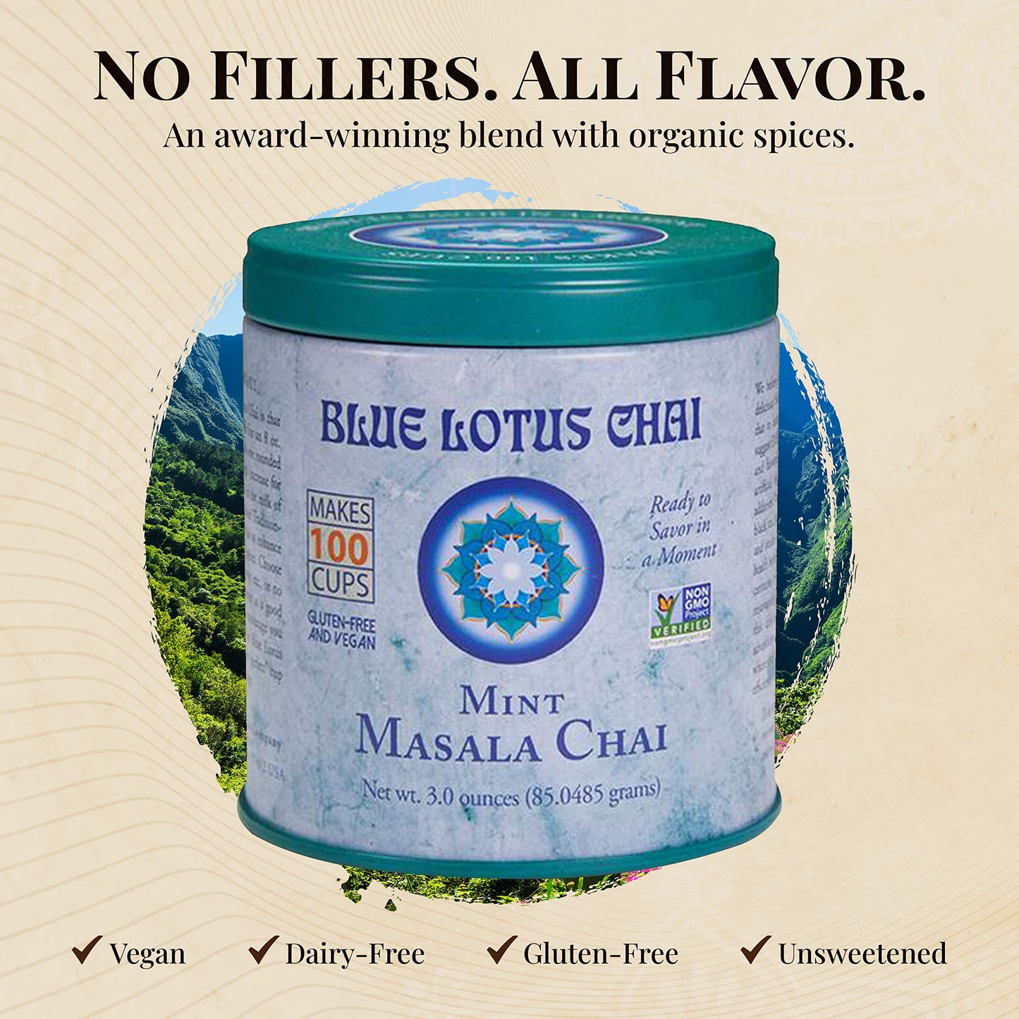 Blue Lotus Chai - Mint Flavor Masala Chai - Makes 100 Cups - 3 Ounce Masala Spiced Chai Powder With Organic Spices - Instant Ind