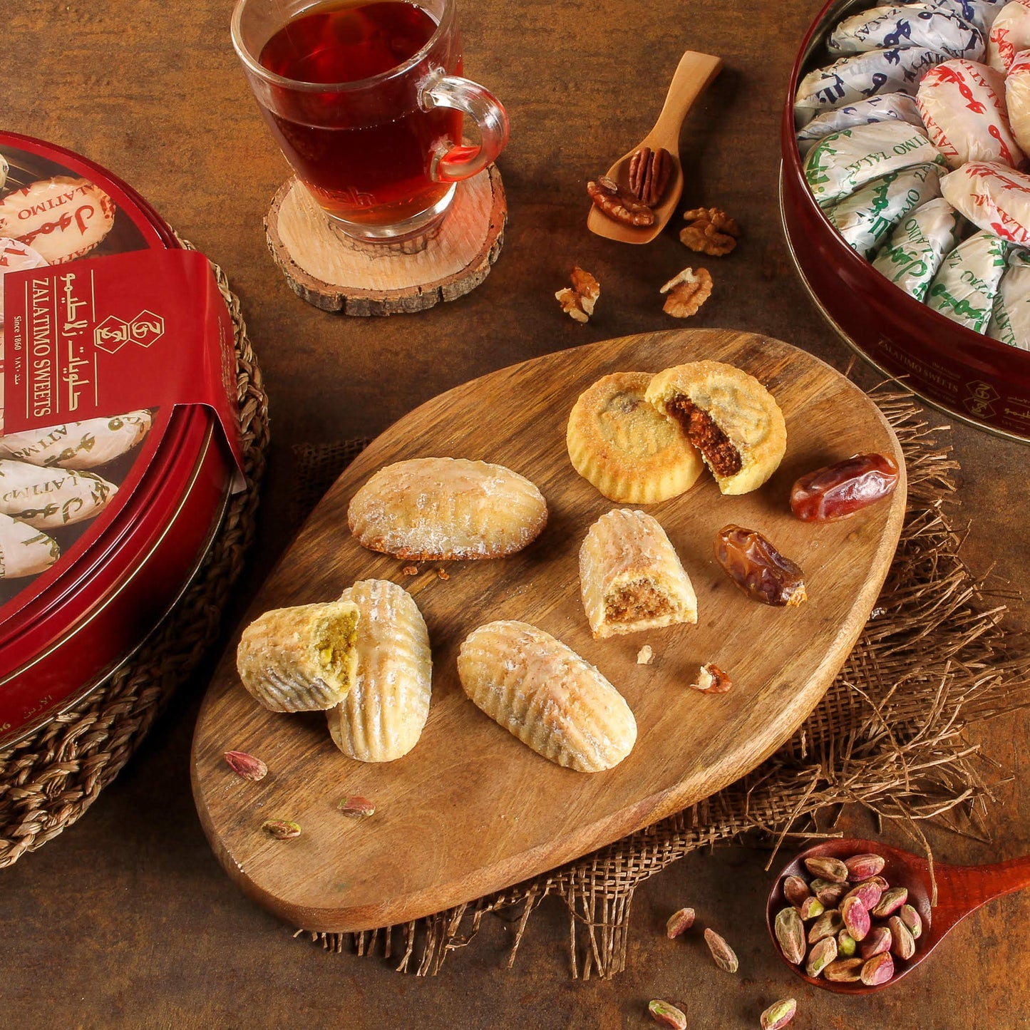 Zalatimo Sweets Assorted Mamoul Shortbread Cookies, 2.2 lbs, Natural Ingredients, Golden Gift Tin