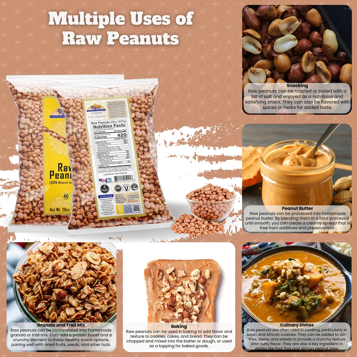 Rani Peanuts, Raw Whole With Skin (Uncooked, Unsalted) 28Oz (800G) ~ All Natural | Vegan | Gluten Friendly | Kosher | Fresh Prod