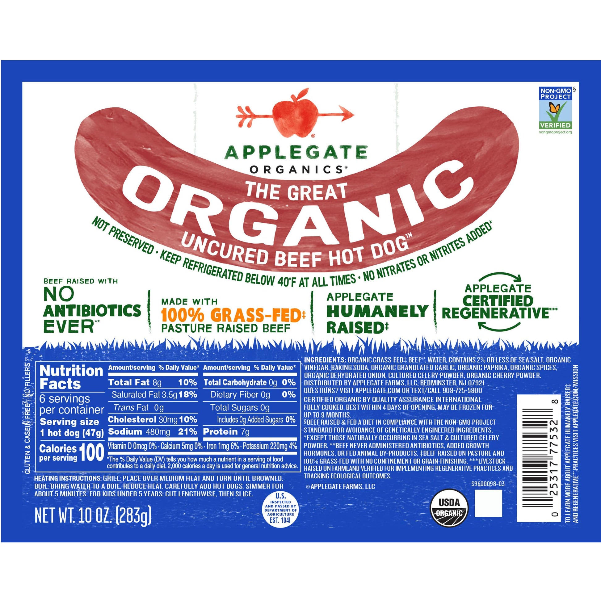 Applegate Organic Beef Hot Dog Uncured, 10oz