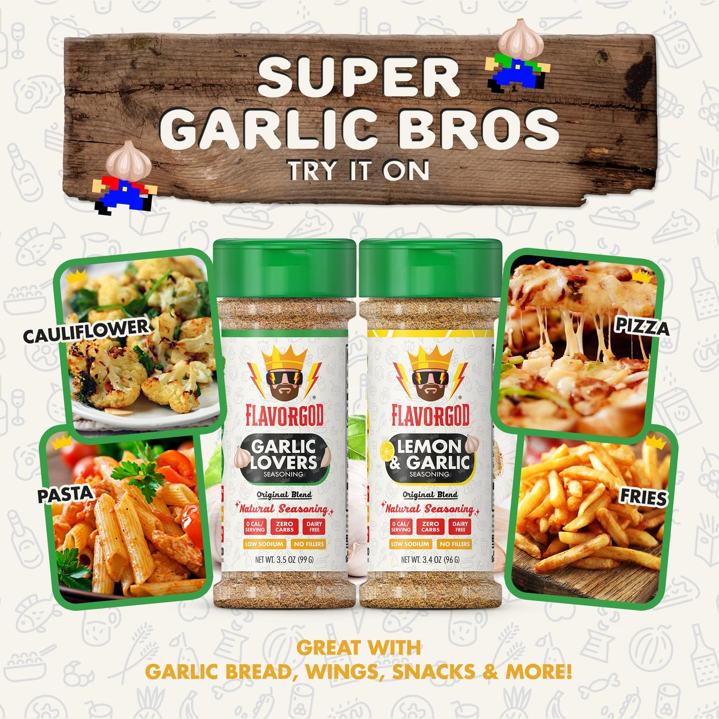 Flavor God Classic Combo Pack Of 2 Super Garlic Bros Edition Garlic Lovers, Lemon, Herb, Seasoning Gift Set, Natural Healthy Spi