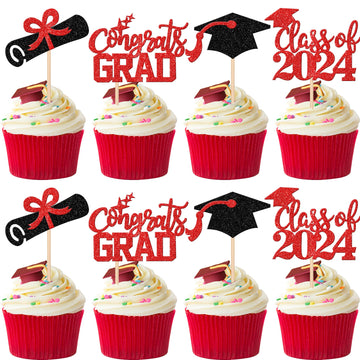 24 Pcs 2024 Graduation Cupcake Toppers Glitter Class Of 2024 Congrats Grad Cap Diploma Cupcake Picks 2024 Graduation Theme Party