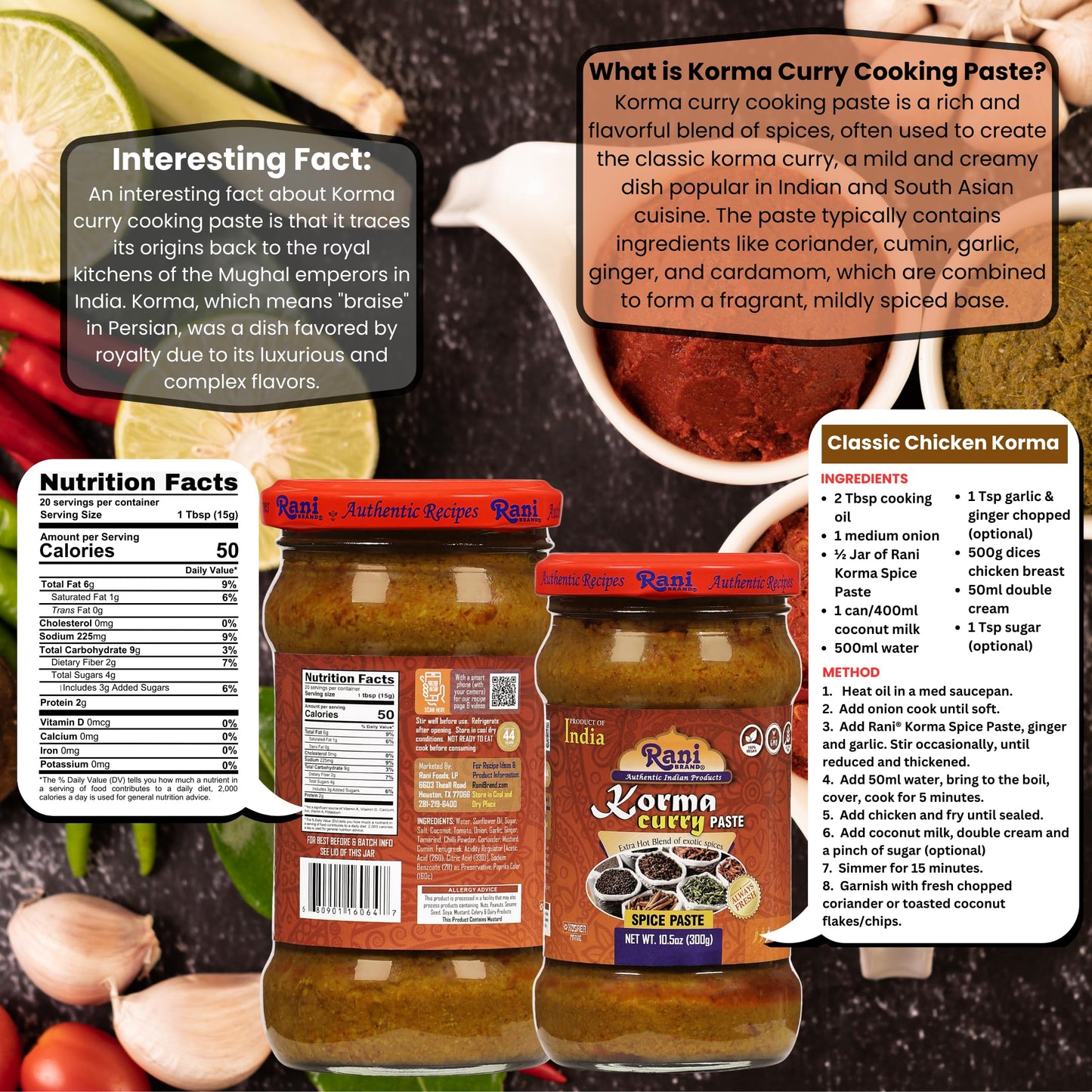 Rani Korma Curry Cooking Spice Paste 10O.5Z (300G) Glass Jar, Pack Of 5+1 Free ~ No Colors | All Natural | Non-Gmo | Vegan | Glu