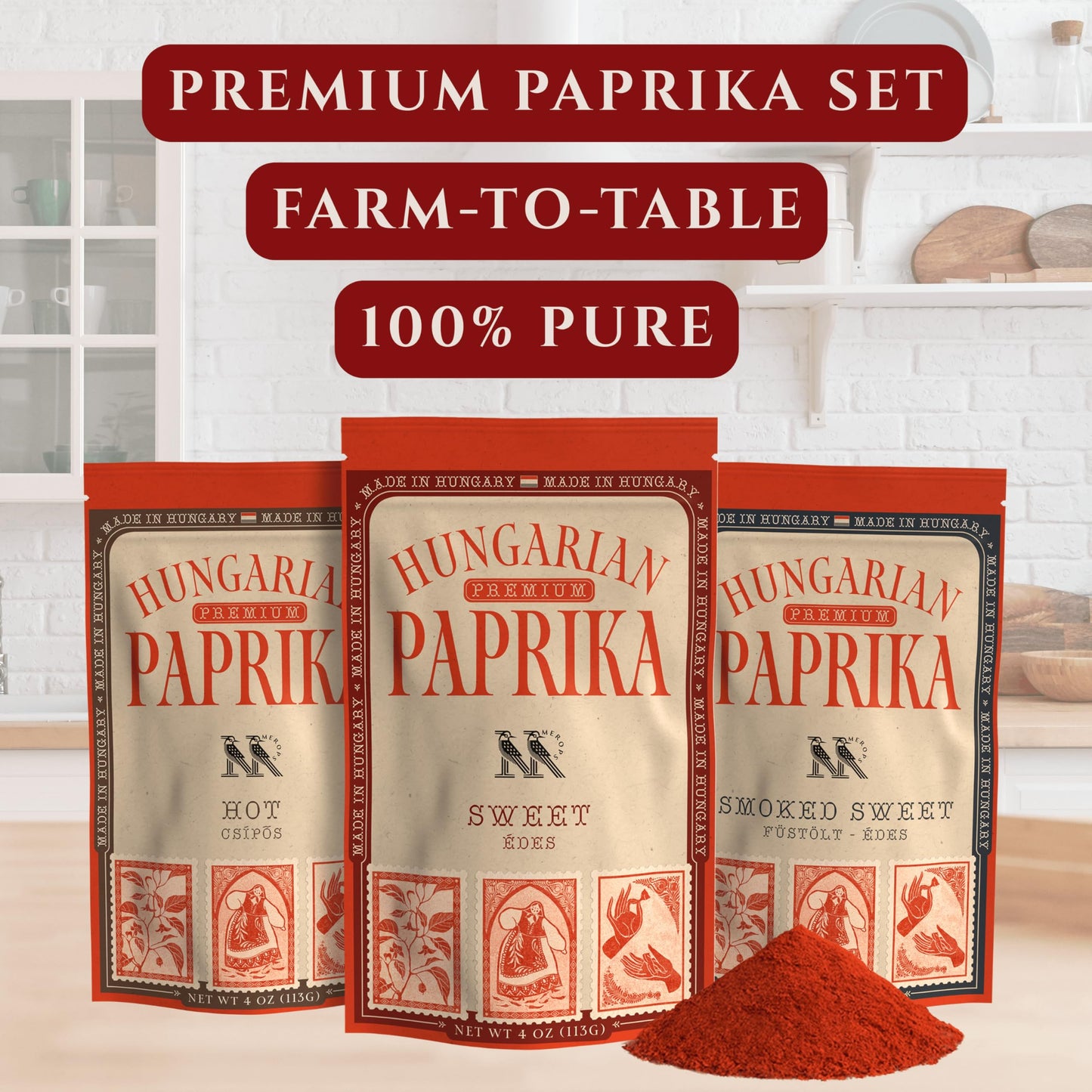 Enhanced Hungarian Paprika Spice Collection Gift Set – Sweet, Smoked & Hot (3 X 4 Oz) - Five Traditional Hungarian Recipe Cards – Non-Gmo – Authentic Seasoning Spice In Resealable Bags By Merops