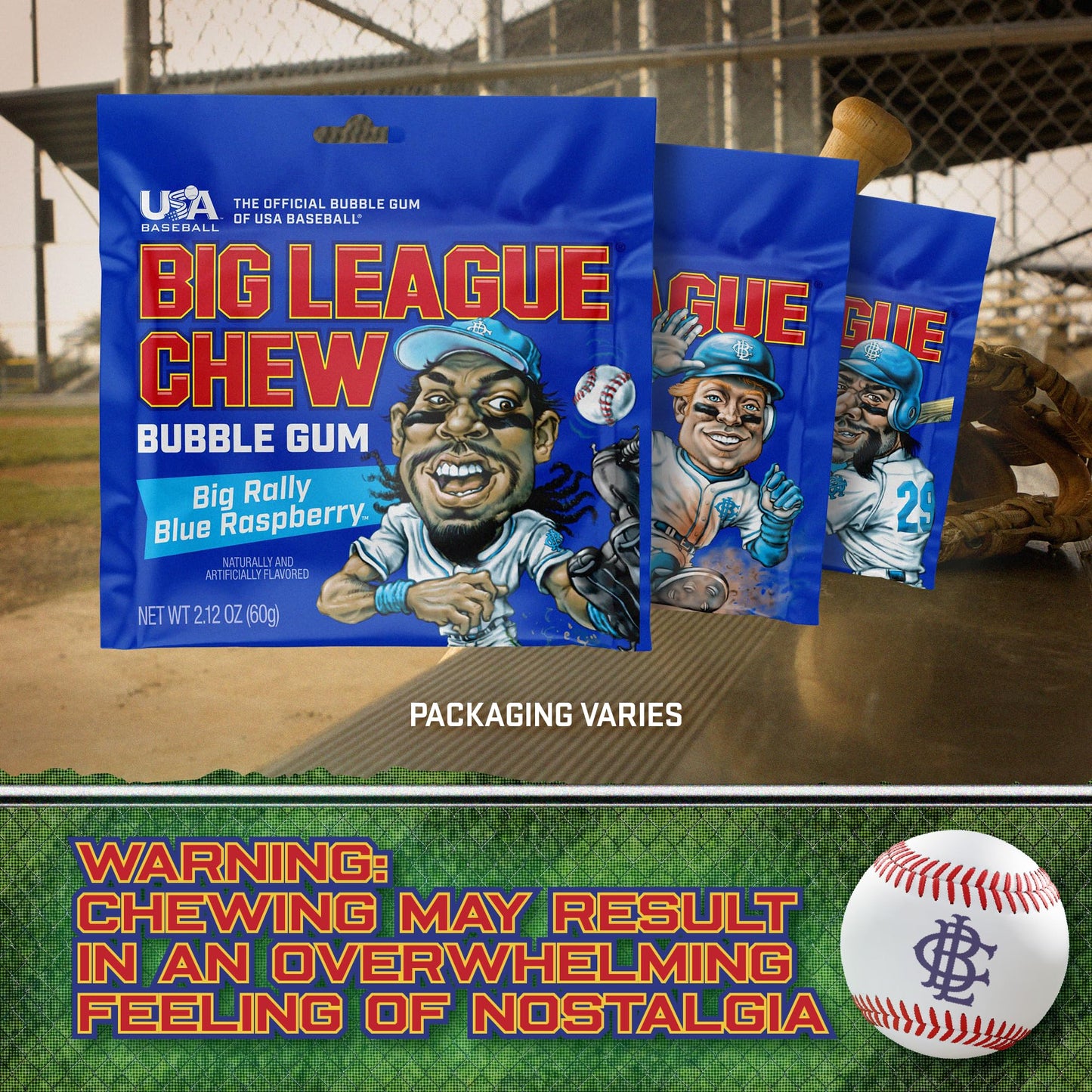 Big League Chew Blue Raspberry Bubble Gum 3-Pack - 2.12oz Packets - Baseball Candy for   & Party Favors