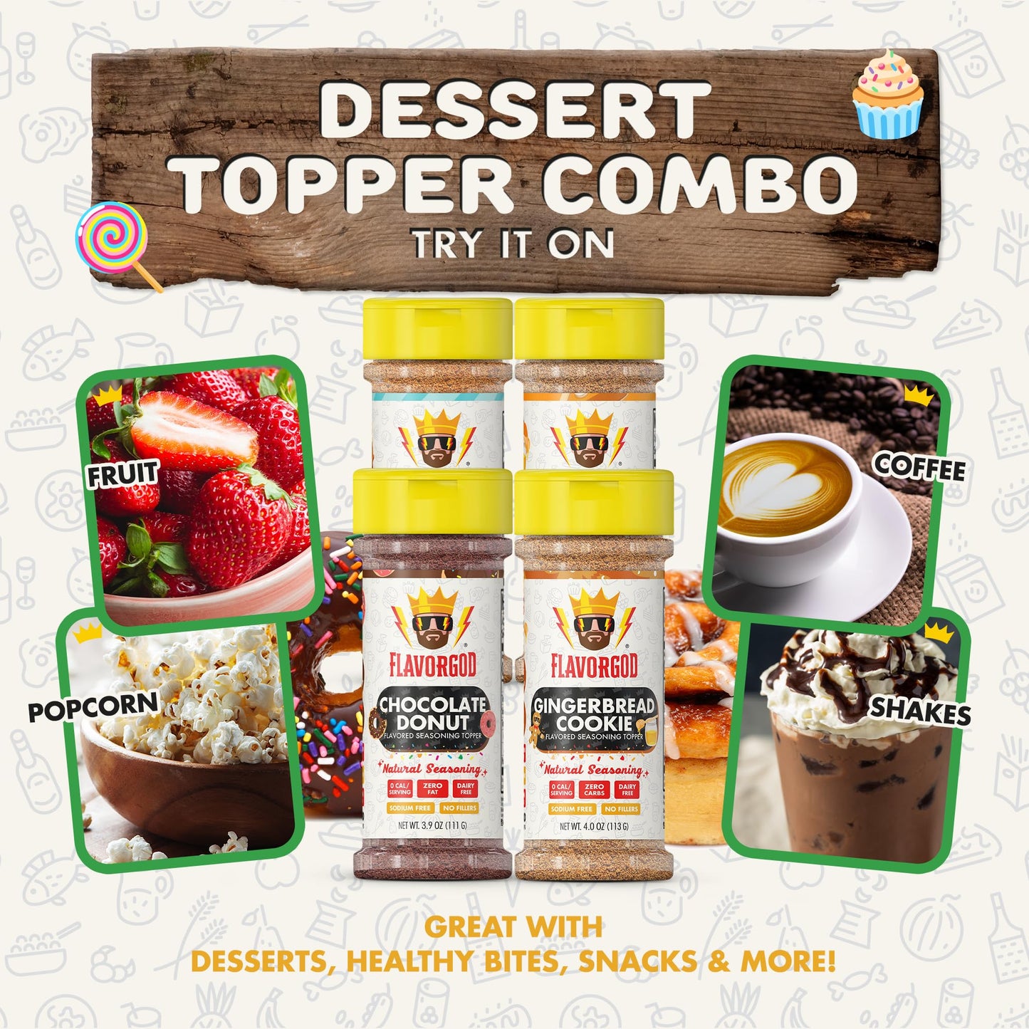 Flavor God Dessert Topper Combo Pack of 4 - Buttery Cinnamon Roll, Chocolate Donut, Gingerbread Cookie, Pumpkin Pie - Gluten-Free, Kosher