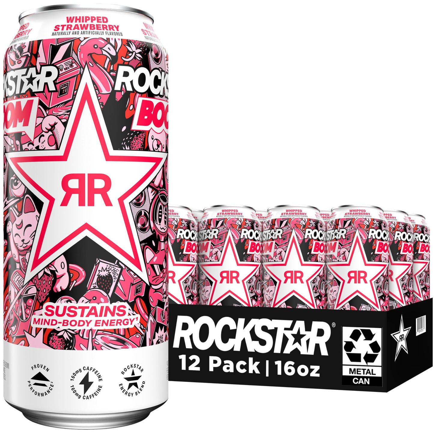 Rockstar Boom Energy Drink, Whipped Strawberry, 16 Fl Oz (Pack of 12), Model 00012000240416