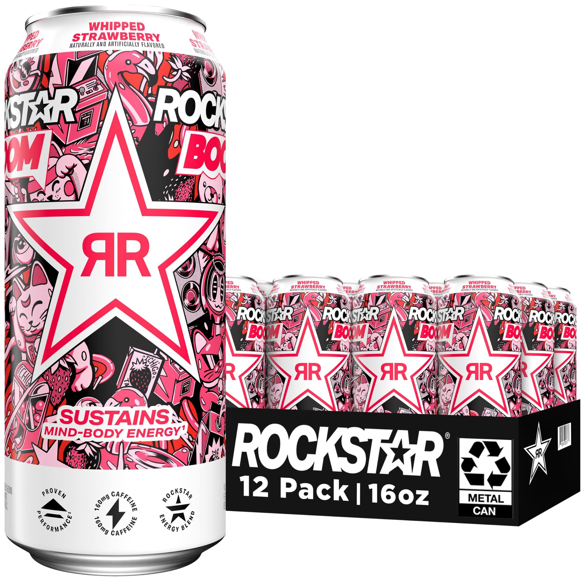 Rockstar Boom Energy Drink, Whipped Strawberry, 16 Fl Oz (Pack of 12), Model 00012000240416