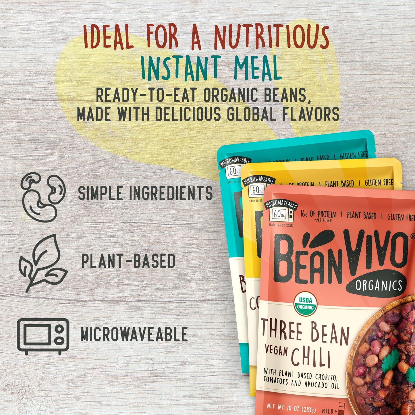 Beanvivo - Variety 3 Pack (10 Oz Each) - Organic Baja Black Beans, Three Bean Vegan Chili, Coconut Curry Chickpeas - Seasoned &
