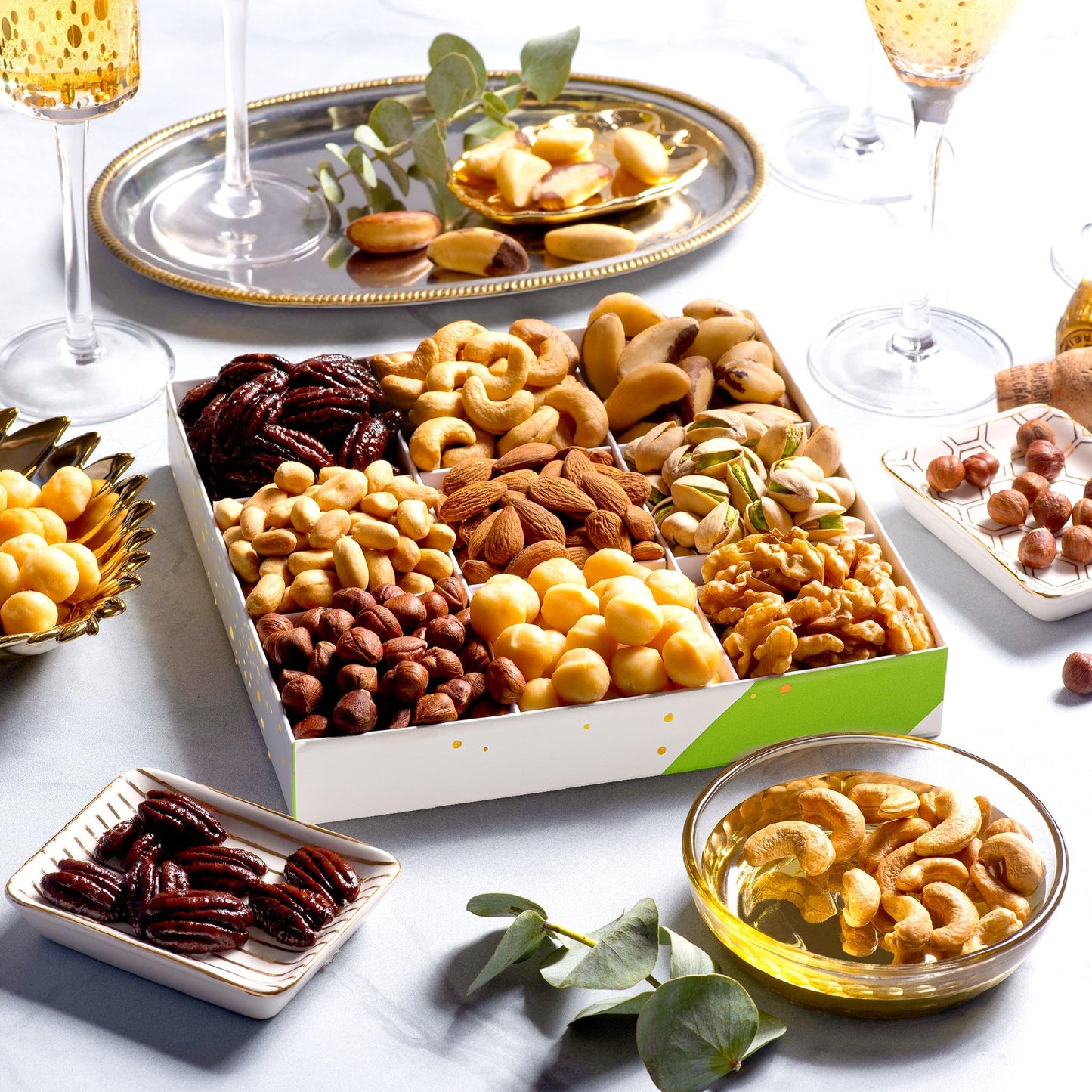 Nut Cravings Gourmet Collection - Rosh Hashana & Shana Tova Mixed Nuts Gift Basket In White Gold Box (9 Assortments) Arrangement