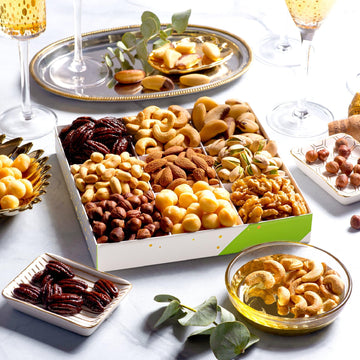 Nut Cravings Gourmet Collection - Rosh Hashana & Shana Tova Mixed Nuts Gift Basket In White Gold Box (9 Assortments) Arrangement