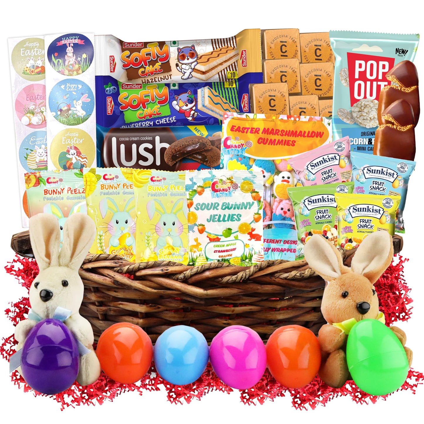 Easter Snack Brown Basket (50 Count) Filled with Treats, Candy, Peelable Gummies, Marshmallow Gummies, Bunny and More, Great Pac