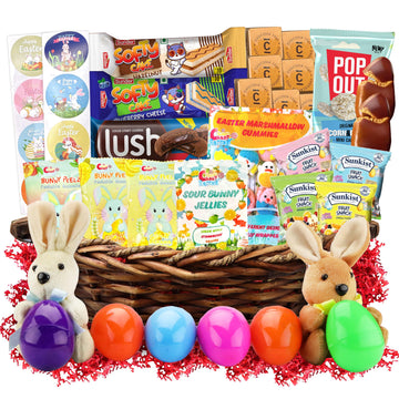 Easter Snack Brown Basket (50 Count) Filled with Treats, Candy, Peelable Gummies, Marshmallow Gummies, Bunny and More, Great Pac