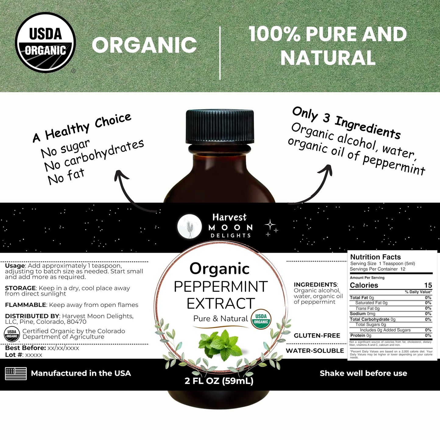 Harvest Moon Delights Organic Peppermint Extract - Water-Soluble Flavoring for Baking, Ice Cream, and Drinks - 2 oz